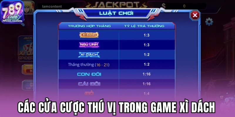 Các cửa cược thú vị trong game xì dách